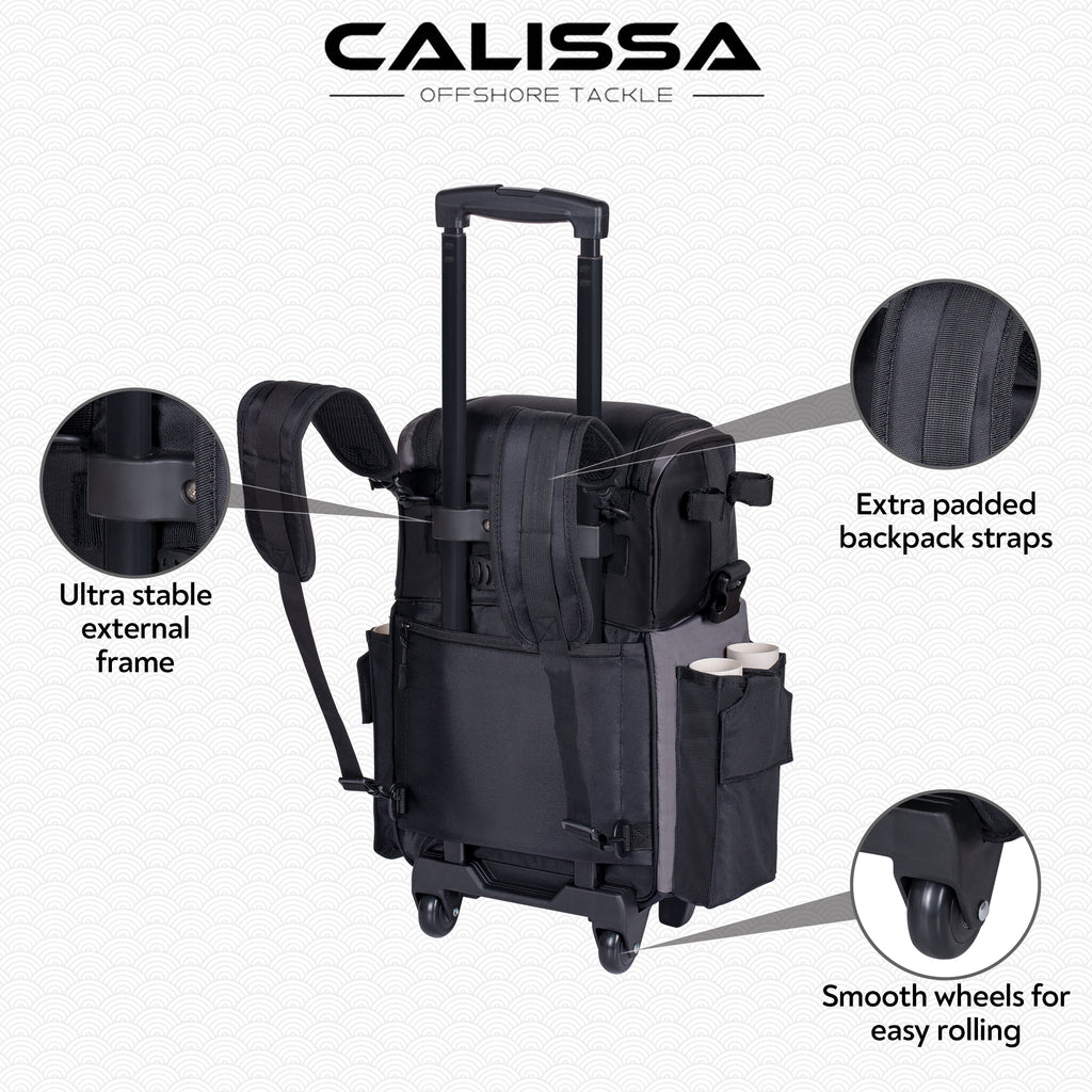 Calissa Offshore Rolling Tackle Box with Wheels, Waterproof Fishing  Backpack with Rod Holders Storage Bag Roller Fishing Tackle Box with Tackle  Trays - Fisherman Gifts for Men : : Sports & Outdoors